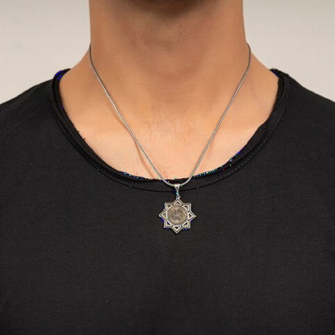Men - Evil Eye Verse Pen Surah Embroidered Silver Necklace 100349499 - Turkey