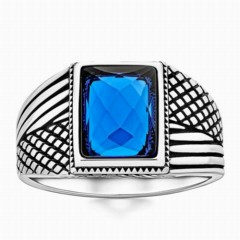 Blue Baguette Zircon Stone Silver Ring 100346378