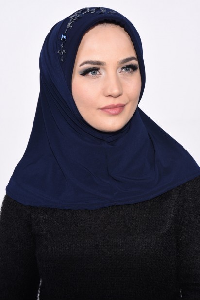 Evening Model - Hijab Paillettes Pratique Bleu Marine - Turkey