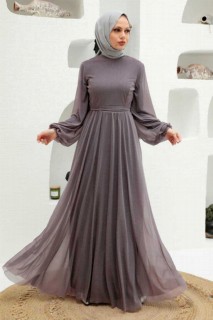 Woman Clothing - Dark Lila Hijab Evening Dress 100339817 - Turkey