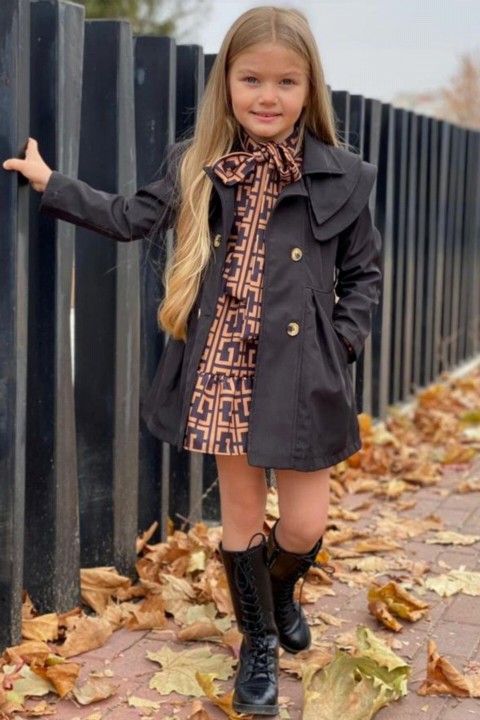 Girl Clothing - فستان بناتي بياقة بطبقات أسود معطف واق من المطر بتصميم هندسي منقوش 100327221 - Turkey