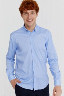 Shirt - قميص رجالي بأكمام طويلة وياقة بأزرار مطبوعة بمقاس نحيف من القطن الأزرق للرجال 100351207 - Turkey