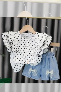 Girls' Frilly Chiffon Blouse Black Polka Dot Denim Shorts Suit 100328511