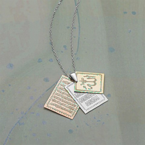 Square Motif Verse Embroidered Silver Necklace 100349791