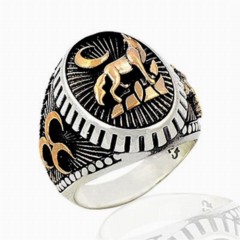 Moon Star Rings - Oval Wolf Motif Three Crescent Patterned Silver Men's Ring 100349064 - Turkey