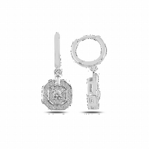 jewelry - Octagonal Model Round Stone Women's Silver Earrings 100347647 - Turkey