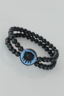 Men - Herrenarmband 100318664 aus blauem Metall mit osmanischem Emblem, schwarze Farbe, zweireihig, Naturstein - Turkey