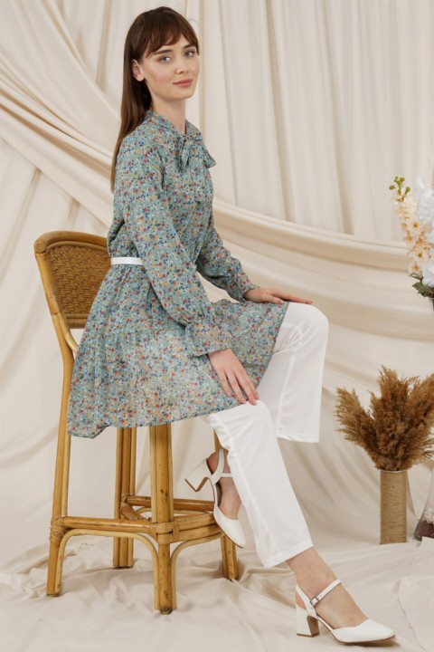 Tunic - Women's Floral Patterned Belt Detailed Wide Cut Tunic 100326111 - Turkey