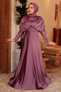 Wedding & Evening - Dark Dusty Rose Hijab Evening Dress 100341369 - Turkey