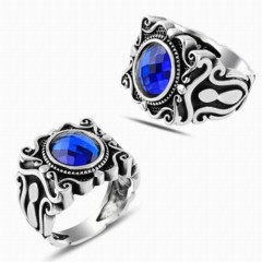 Zircon Stone Rings - Blue Cut Zircon Stone Side Tulip Motif Sterling Silver Ring 100347860 - Turkey