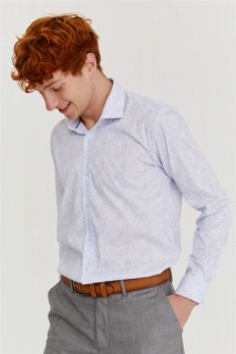 Men's Ice Blue Cotton Slim Fit Slim Fit Printed Italian Collar Long Sleeve Shirt 100350614