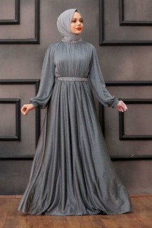 Woman - Grey Hijab Evening Dress 100339620 - Turkey