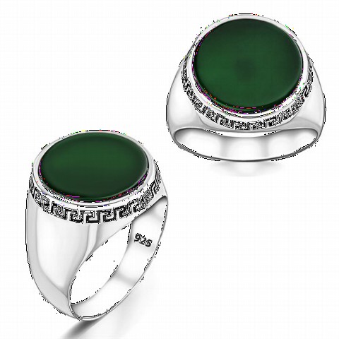 Round Plain Green Agate Stone Simple Sterling Silver Ring 100346457