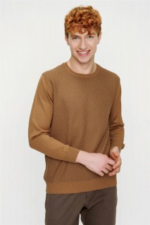 Zero Collar Knitwear - Men's Camel Cycling Crew Neck Dynamic Fit Comfortable Cut Line Pattern Knitwear Sweater 100345117 - Turkey