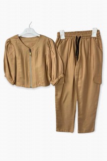 Outwear - Ballonarm-Frontreißverschluss und Tasche für Mädchen mit detailliertem braunem Unterteil, Oberteil, Set 100344669 - Turkey