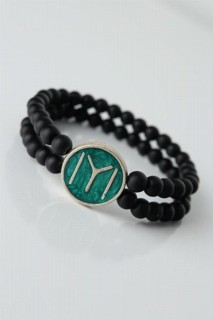 Green Colored Metal Tumbled Silver KayÄ± Length Figured Black Color Double Row Natural Stone Men's Bracelet 100318685