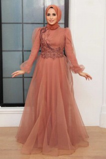 Wedding & Evening - Sunuff Colored Hijab Evening Dress 100341378 - Turkey