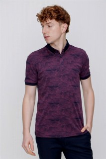 T-Shirt - Men's Claret Red Mercerized Printed Buttoned Collar Dynamic Fit Comfortable Cut T-Shirt 100351420 - Turkey