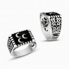 Three Crescent Motif Knitted Pattern Silver Men's Ring 100348787