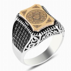 Men Shoes-Bags & Other - Seal of Prophet Solomon Motif Micro Stone Silver Ring 100347832 - Turkey