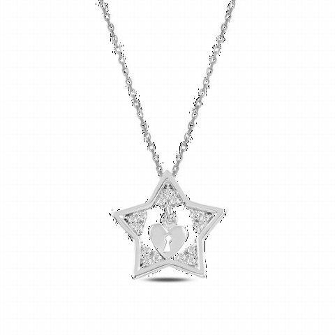 Necklaces - Star Model Heart Motif Women's Sterling Silver Necklace 100347626 - Turkey
