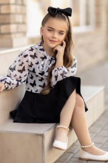 Girls' Transparent Butterfly Patterned Blouse and Black Skirt Suit 100328461