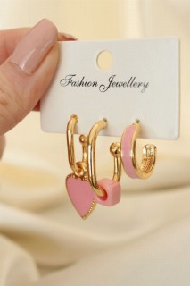 Pink Enamel Heart Pattern Earring Set 100319860