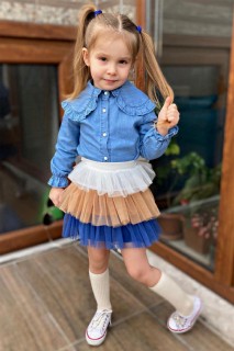 Girl's Collar Ruffled Pearl Button and Blue Tulle Skirt Suit 100328267