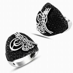 Silver Rings 925 - Ottoman Tugra Motif Oval Micro Stone Silver Ring 100347872 - Turkey