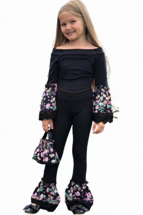 Girl's Boat Collar Floral Embroidered and Lace Detailed Black Spanish Tights Suit With Bag 100328641