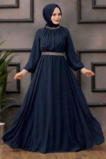 Woman Clothing - Dark Navy Blue Hijab Evening Dress 100338030 - Turkey