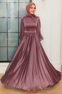 Wedding & Evening - Dark Dusty Rose Hijab Evening Dress 100340698 - Turkey