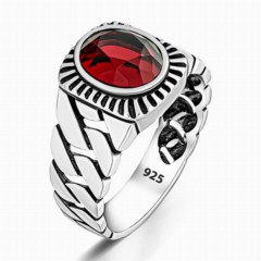 Knitted Patterned Red Zircon Stone Sterling Silver Ring 100346371