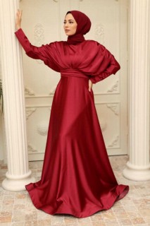 Wedding & Evening - Bordeauxrotes Hijab-Abendkleid 100341590 - Turkey
