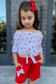 Girl Cherry Printed Strap Blouse Red Shorts Set 100328524
