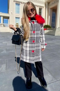 Girl's Collar Fur and Front Button White Plaid Coat Bottom Top Set 100327283