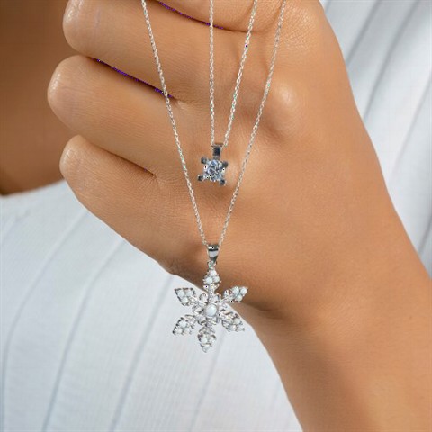 Necklaces - Solitaire Detailed Opal Snowflake Silver Necklace 100350099 - Turkey