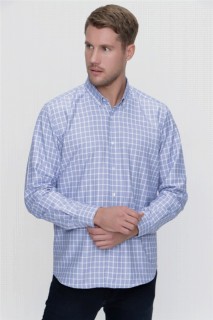 Men Clothing - Men's Blue Regular Fit Comfy Cut Checked Buttoned Collar Long Sleeve Shirt 100351314 - Turkey