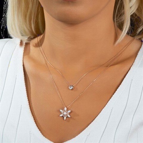 Other Necklace - Opal Stone Wind Flower Stone Detailed Silver Necklace Rose 100350095 - Turkey