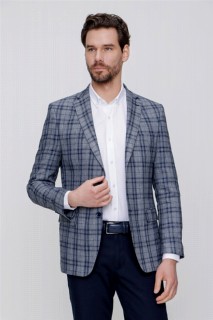 Men's Navy Blue Linen Woven Plaid Checkered Dynamic Fit Casual Fit 6 Drop Jacket 100350888