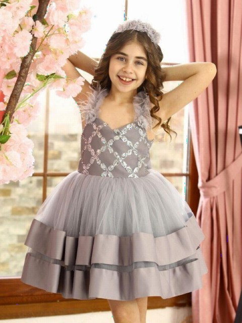 Girl's Smoked Baklava Slice Evening Dress with Pulpette Detail 100326739