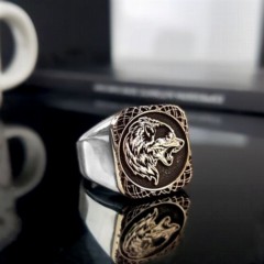 Wolf Motif Embroidered Plain Edges Silver Ring 100349677