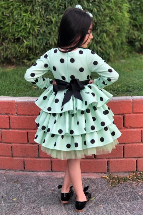 Girl's Waist Ribbon Detailed Layered Polka Dot Green Evening Dress 100326984