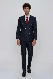 Suit - Men's Navy Blue Carrera Slim Lined Double Breasted Slim Fit Suit 100351006 - Turkey
