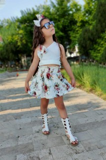 Girl's Flower Patterned Front Bow Detailed White Skirt Suit 100328498