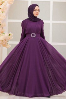 Evening & Party Dresses - Purple Hijab Evening Dress 100338113 - Turkey