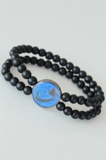 Bracelet - Vav Figured Navy Blue Design Metal Accessory Double Row Onyx Natural Stone Men's Bracelet 100318600 - Turkey