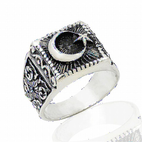 Moon Star Rings - Square Cut Moon and Star Patterned Sterling Silver Men's Ring 100349085 - Turkey