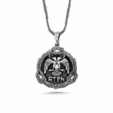 Necklace - Double Headed Eagle Gokturk Turkish Written Silver Necklace 100348259 - Turkey