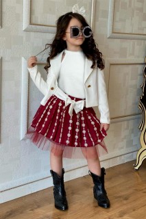 Girl Clothing - Boys' Back Bow Blazer Jacket and Floral Embroidered Claret Red Skirt Suit 100328490 - Turkey